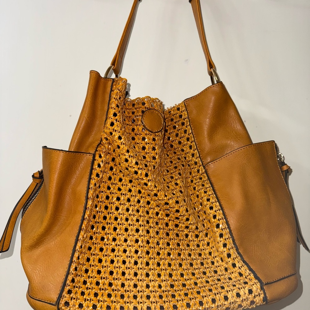 Tan Woven Leather Tote Bag